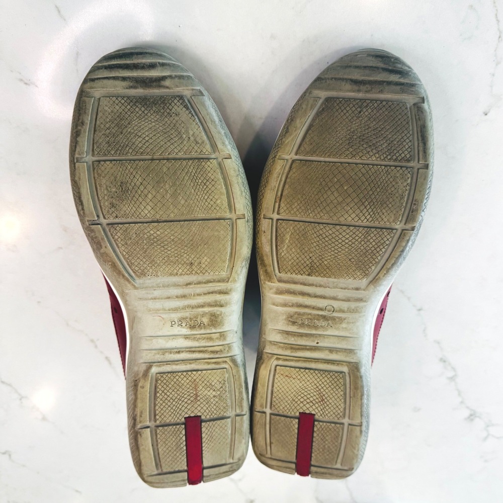 Prada Americas Cup Men 12 Red Leather Sneaker Low Top Trainers Athleisure Sporty - Picture 12 of 14